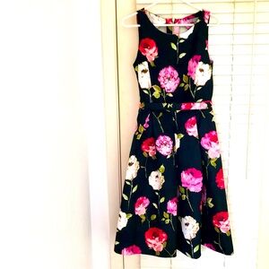 Danny & Nicole Black Jacquard Floral Dress Fit & Flare Belted Zipper Sz 10 Chic!